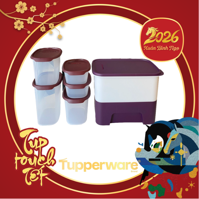 Combo Bộ Hộp Tupperware Bảo Quản Thực Phẩm One Touch Fresh 5 Hộp và Thùng Gạo Rice Smart Junior 5kg