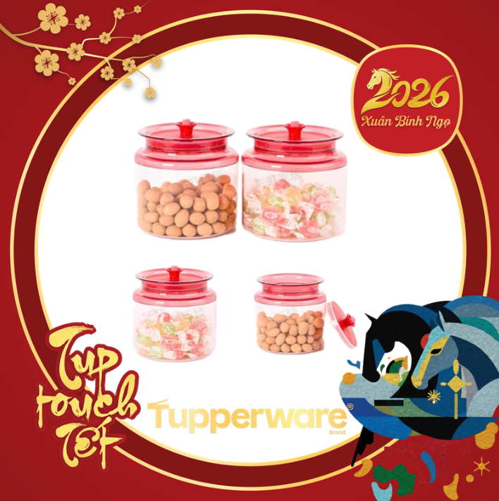 Tuptrung Hũ Đựng Snack Nhựa Clear Trong Màu Đỏ 900ml