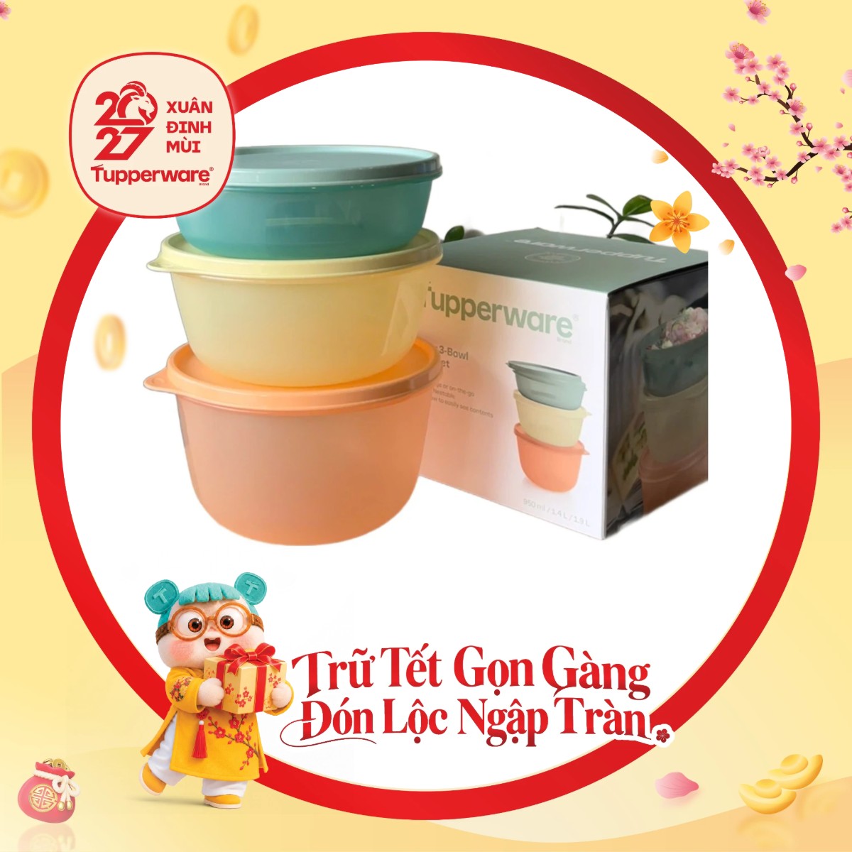 Bộ 3 Hộp Trữ Khô Và Mát Tupperware Modular Bowl Variety 1.9L, 1.4L, 950ml