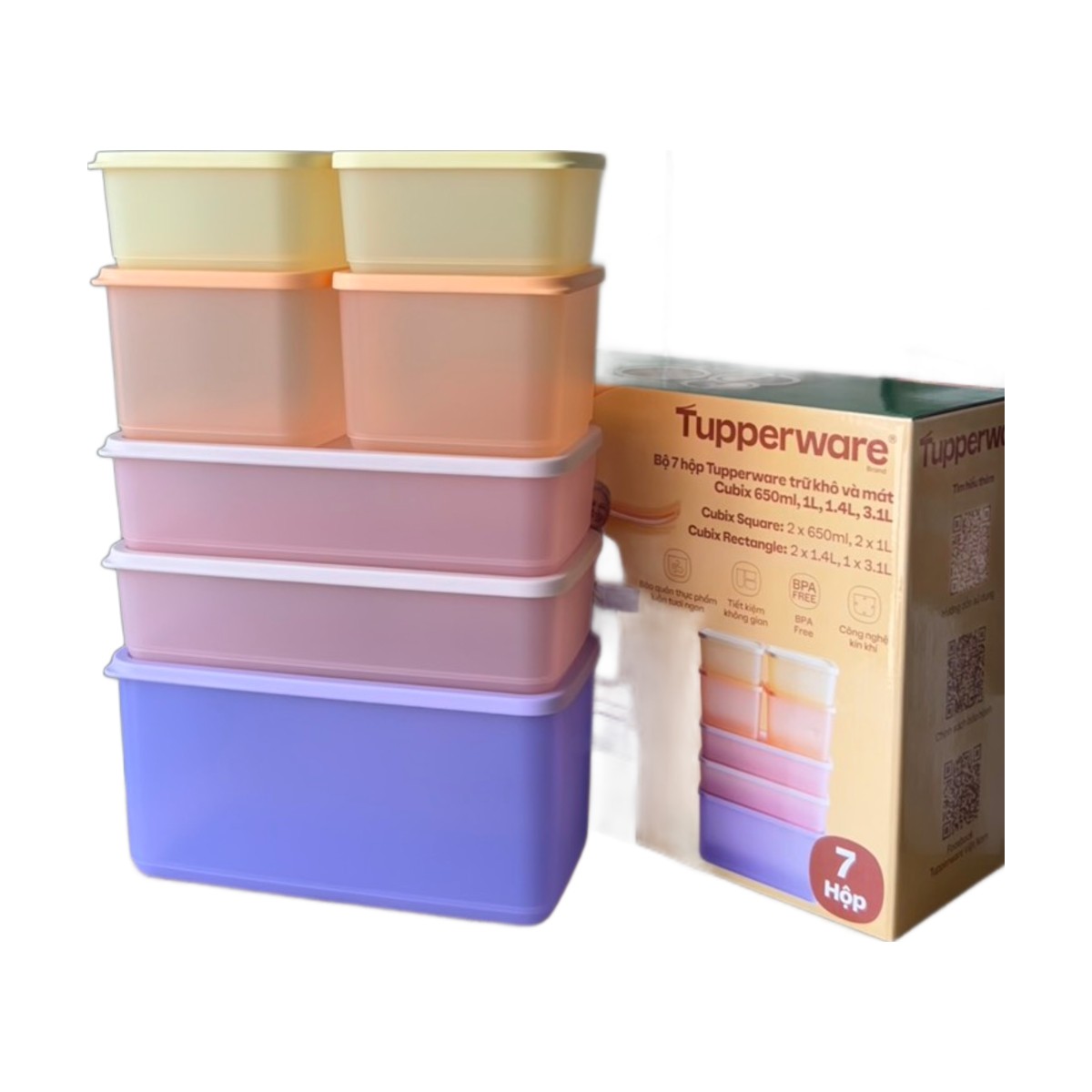 Bộ 7 Hộp Trữ Khô Và Mát Tupperware Cubix 650ml, 1L, 1.4L, 3.1L
