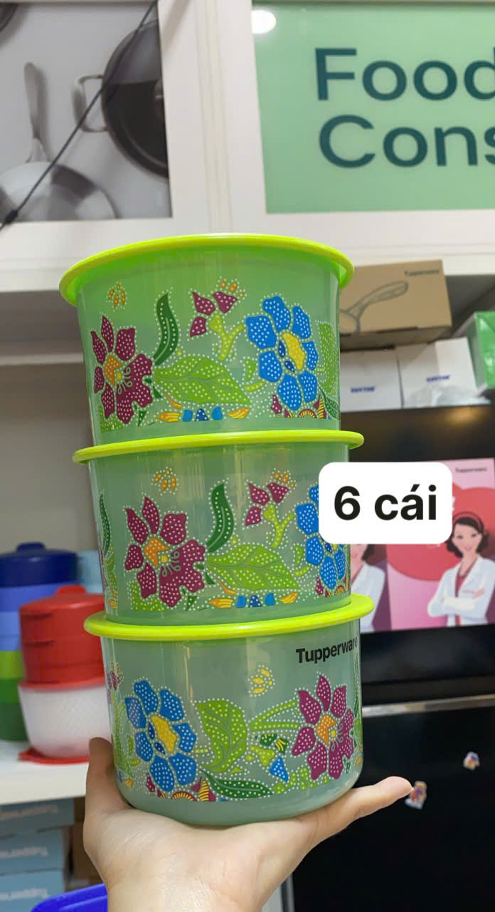 Tupmalay - Hộp Mát Tròn Tupperware One Touch OT Batik Hoa Xanh (01 Hộp)