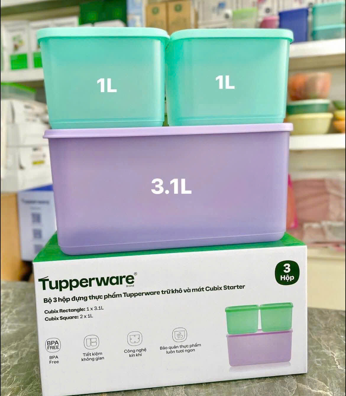 Bộ 3 Hộp Tupperware Trữ Mát Cubix Starter  3.1L & 1L - New Tupperware