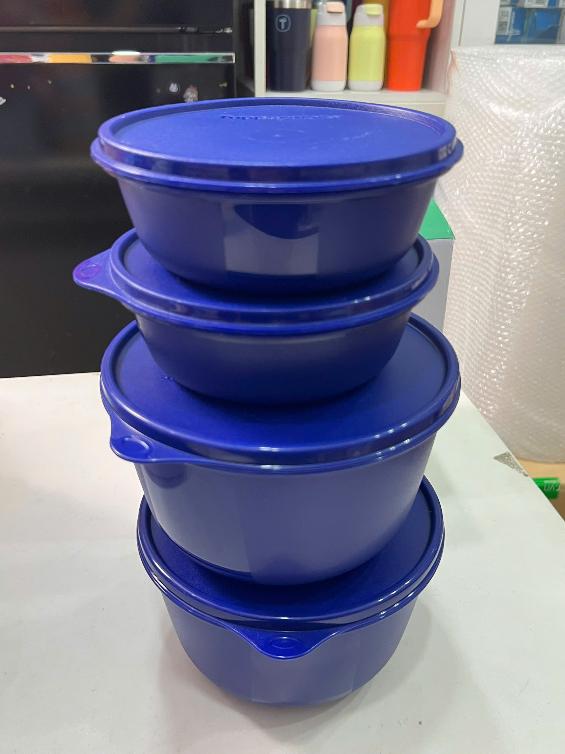 Bộ 4 Hộp Tupperware Trữ Mát Modular Bowl Xanh Dương Đậm 600ml + 2L - New Tupperware