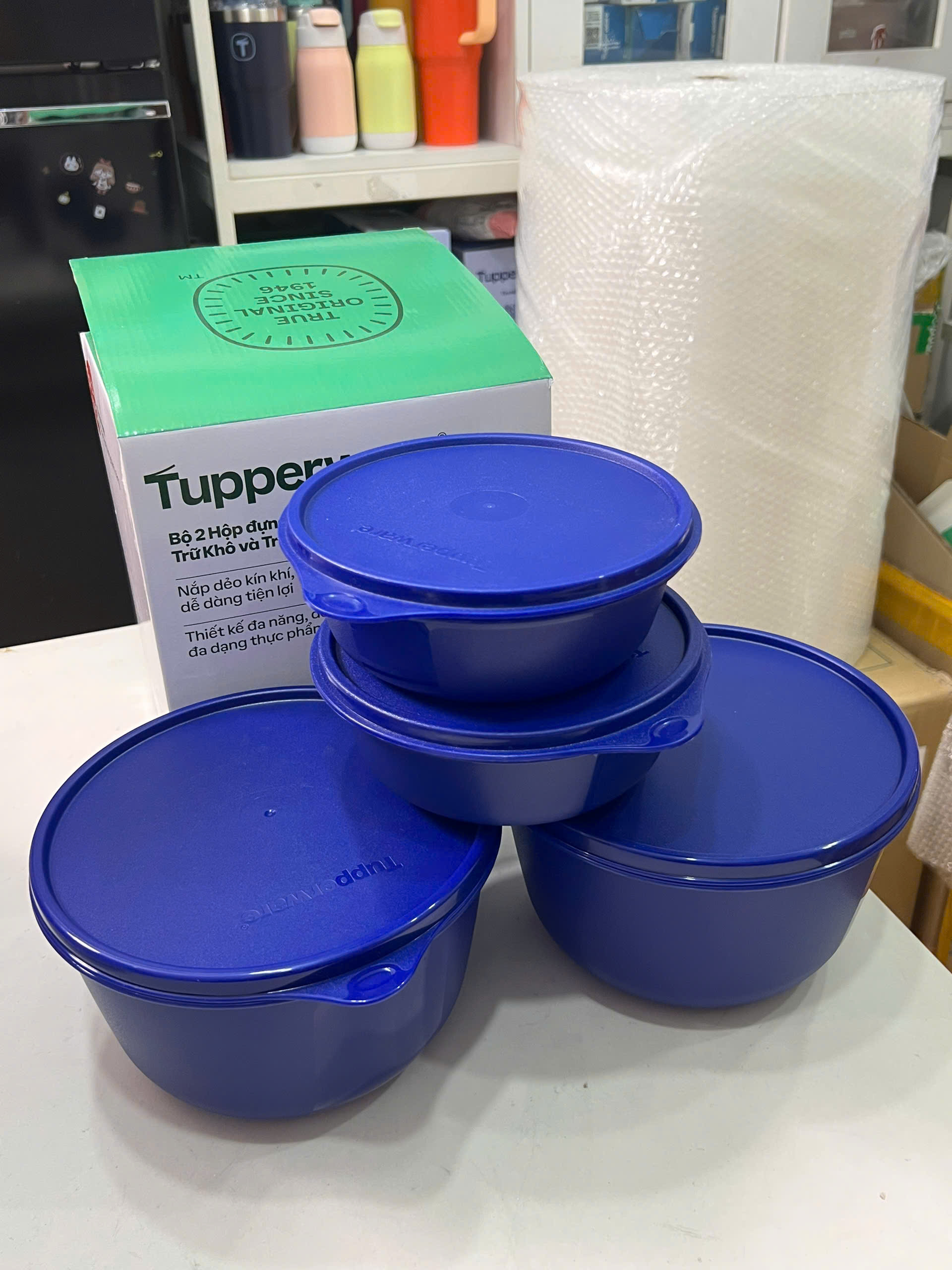 Bộ 4 Hộp Tupperware Trữ Mát Modular Bowl Xanh Dương Đậm 600ml + 2L - New Tupperware