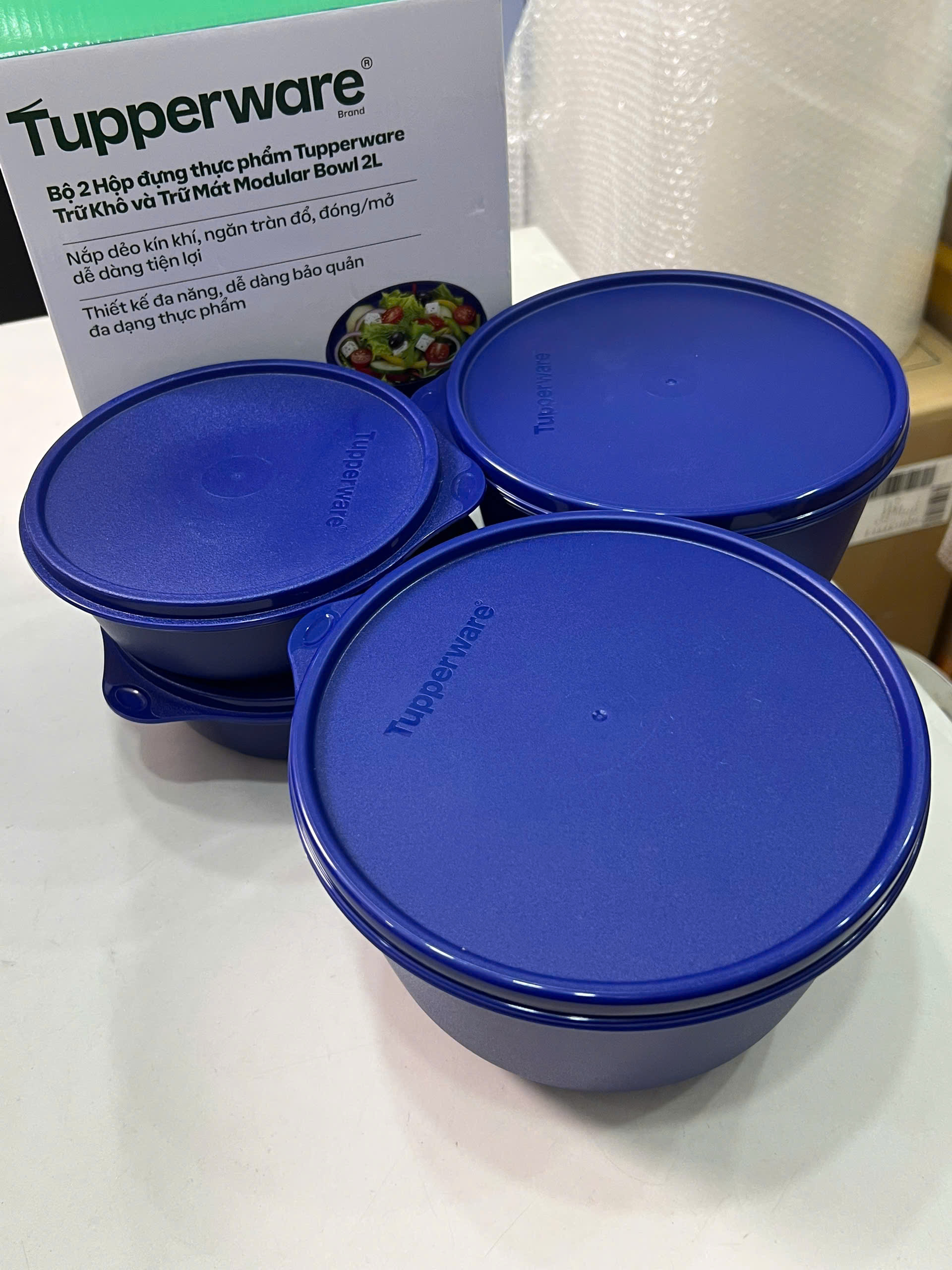 Bộ 4 Hộp Tupperware Trữ Mát Modular Bowl Xanh Dương Đậm 600ml + 2L - New Tupperware