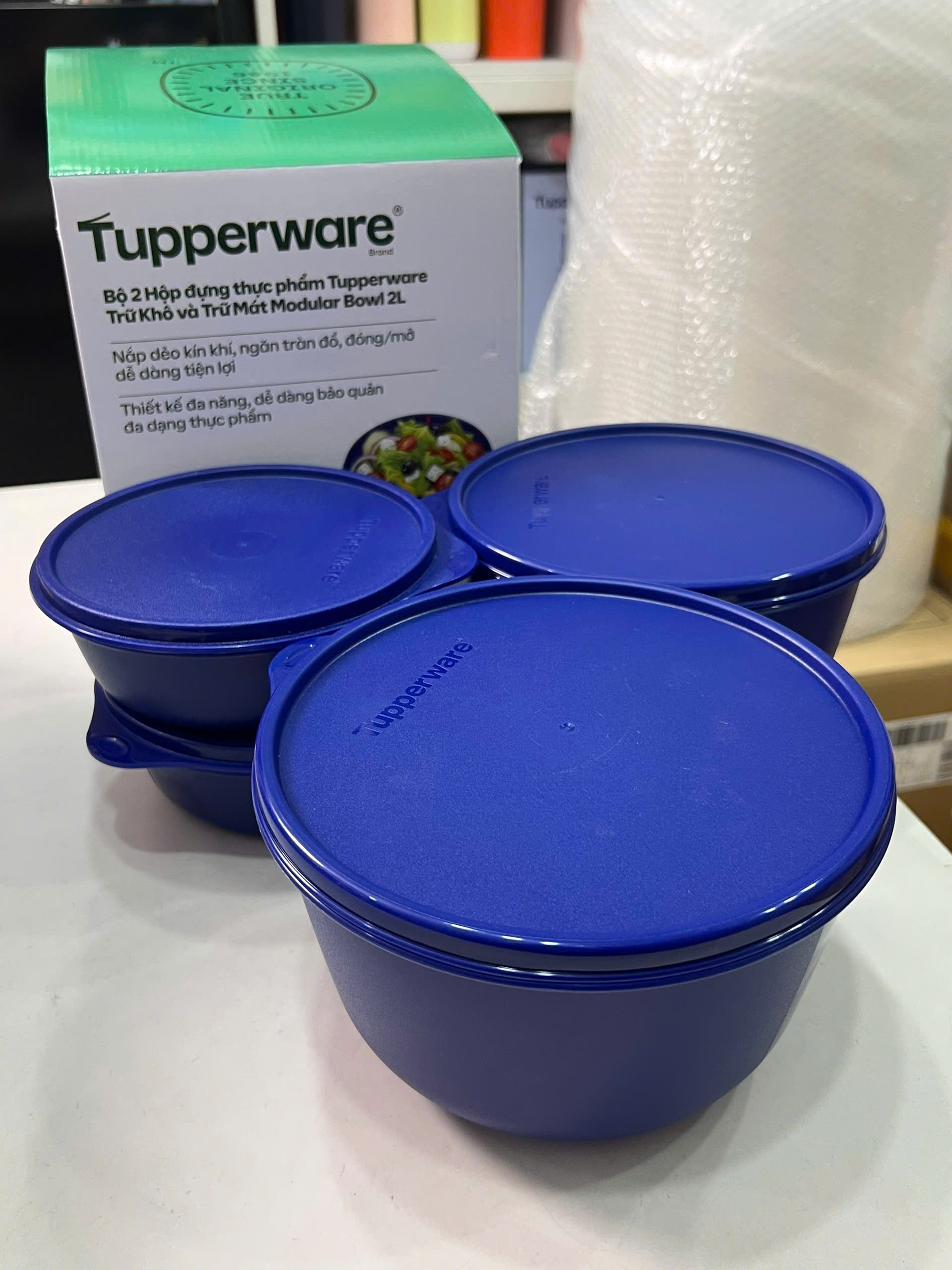 Bộ 4 Hộp Tupperware Trữ Mát Modular Bowl Xanh Dương Đậm 600ml + 2L - New Tupperware