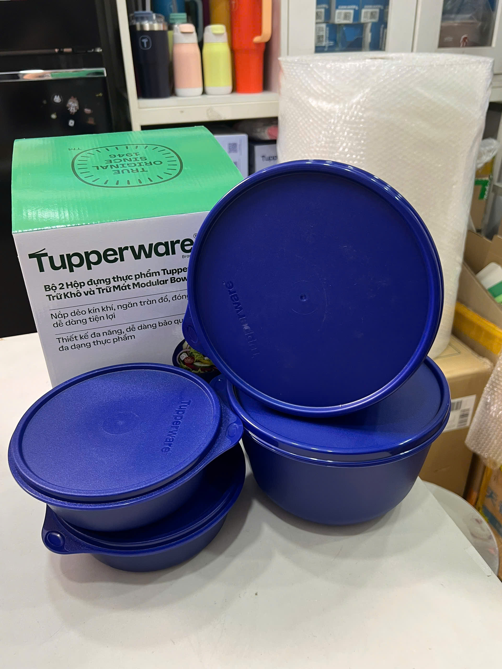 Bộ 4 Hộp Tupperware Trữ Mát Modular Bowl Xanh Dương Đậm 600ml + 2L - New Tupperware