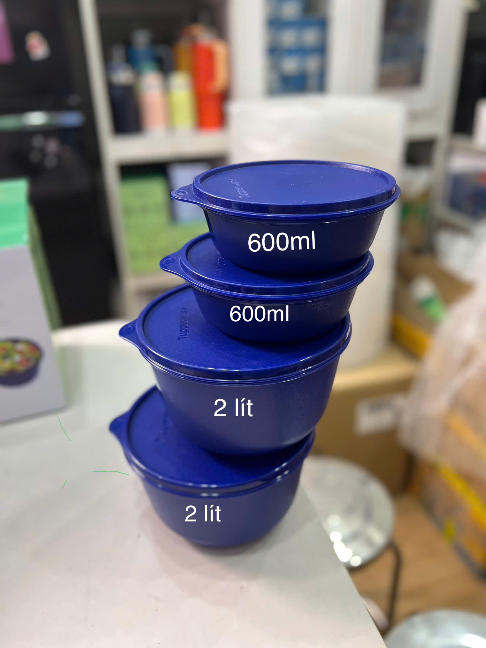 Bộ 4 Hộp Tupperware Trữ Mát Modular Bowl Xanh Dương Đậm 600ml + 2L - New Tupperware