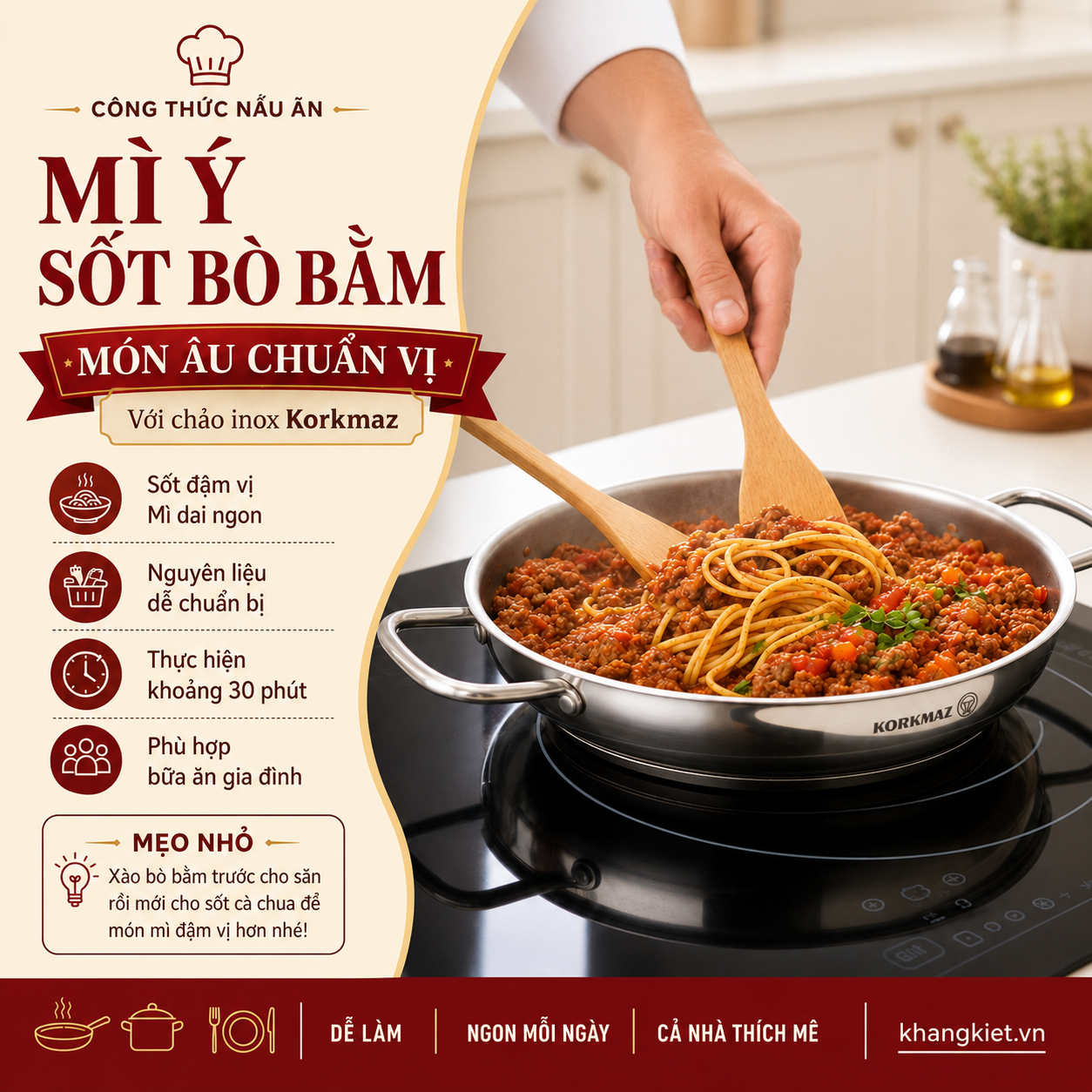 Mì Ý sốt bò bằm – Món Âu chuẩn vị tại nhà với chảo inox Korkmaz