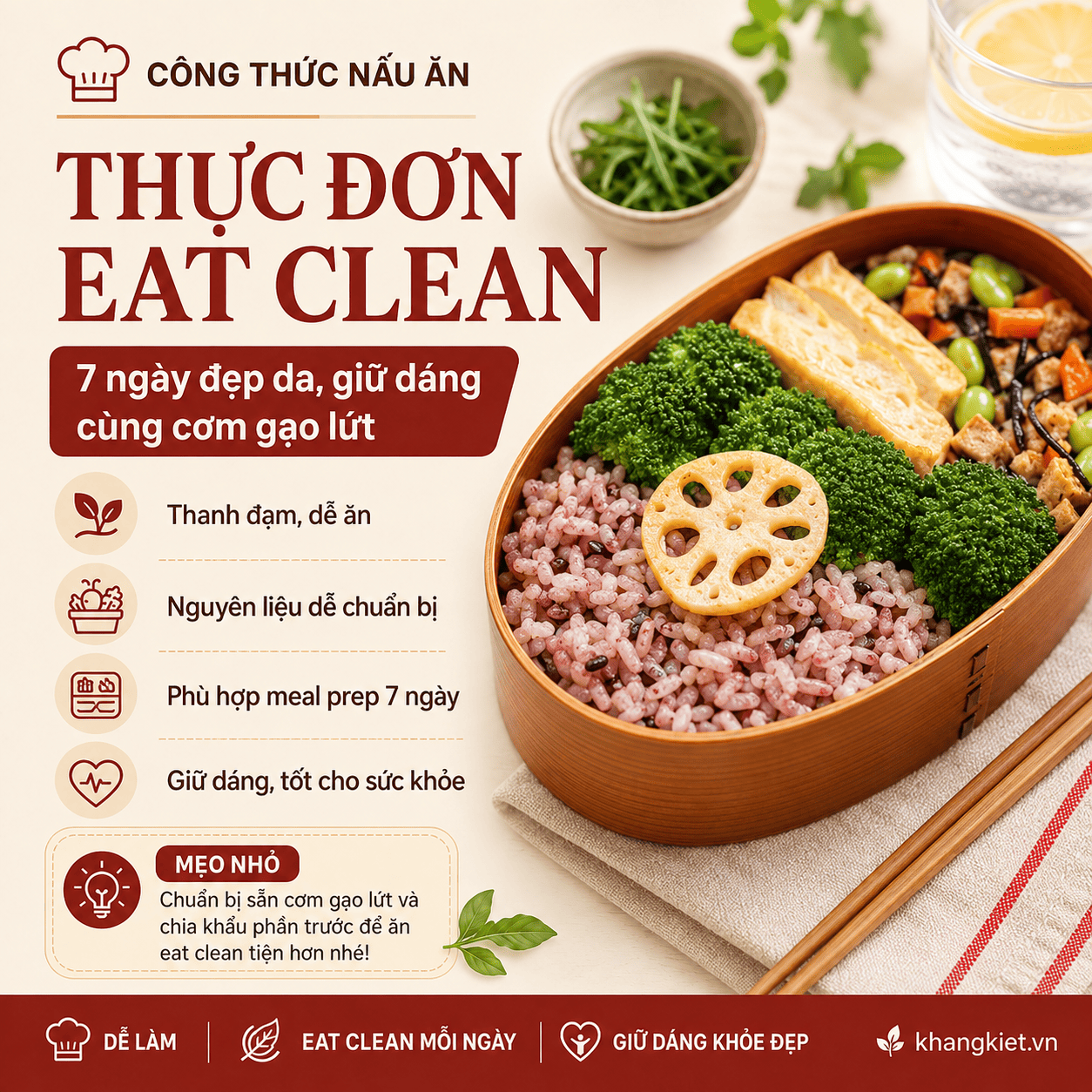 Thực đơn Eat Clean 7 ngày đẹp da, giữ dáng cùng cơm gạo lứt