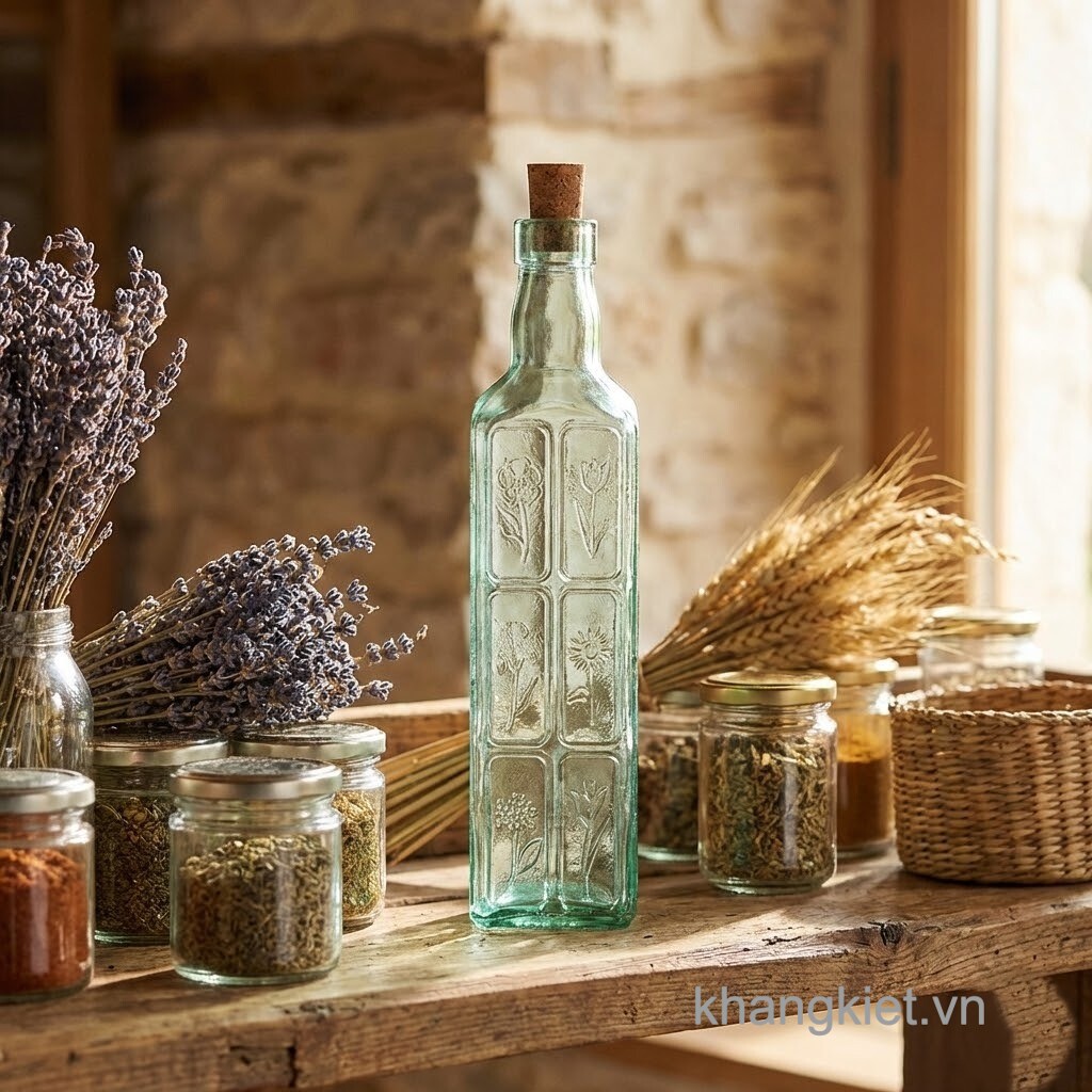 Chai thủy tinh đựng dầu oliu 500ml nút bần phong cách vintage đặt trên bàn gỗ rustic, kết hợp cùng hoa khô và hũ gia vị, tạo điểm nhấn thẩm mỹ cho không gian bếp