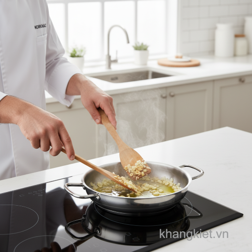 Chảo 2 quai inox Korkmaz đang được sử dụng để xào thịt bò và phi hành tây làm sốt bò bằm cho món Mì Ý trong không gian bếp sạch sẽ