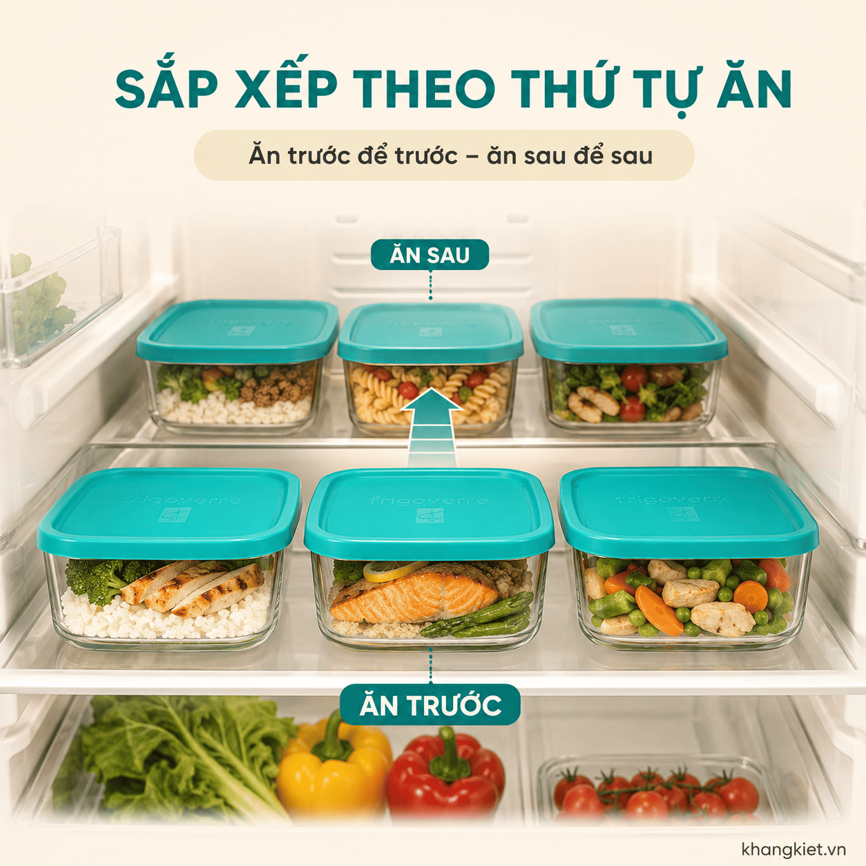 Chia khẩu phần meal prep ngay sau khi chuẩn bị bằng hộp thủy tinh Frigoverre giúp dễ mang đi và kiểm soát khẩu phần