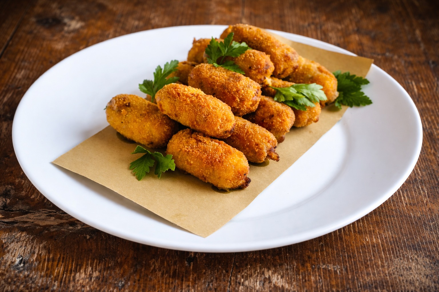 Đĩa bánh chiên xù croquette giăm bông vàng giòn đặt trên bàn gỗ, trình bày đẹp mắt cho món khai vị