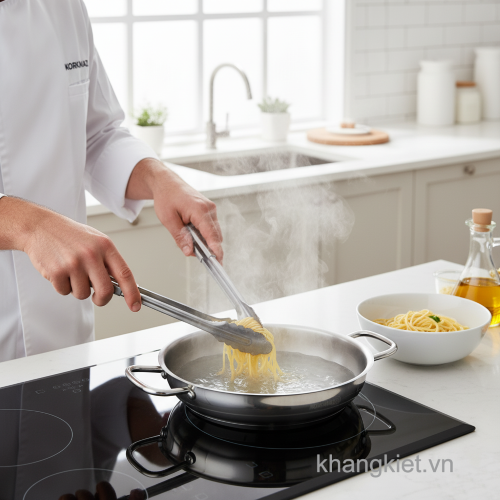 Đầu bếp đang luộc mì Ý trong chảo 2 quai inox Korkmaz 18/10 trên bếp từ để chuẩn bị món Mì Ý sốt bò bằm