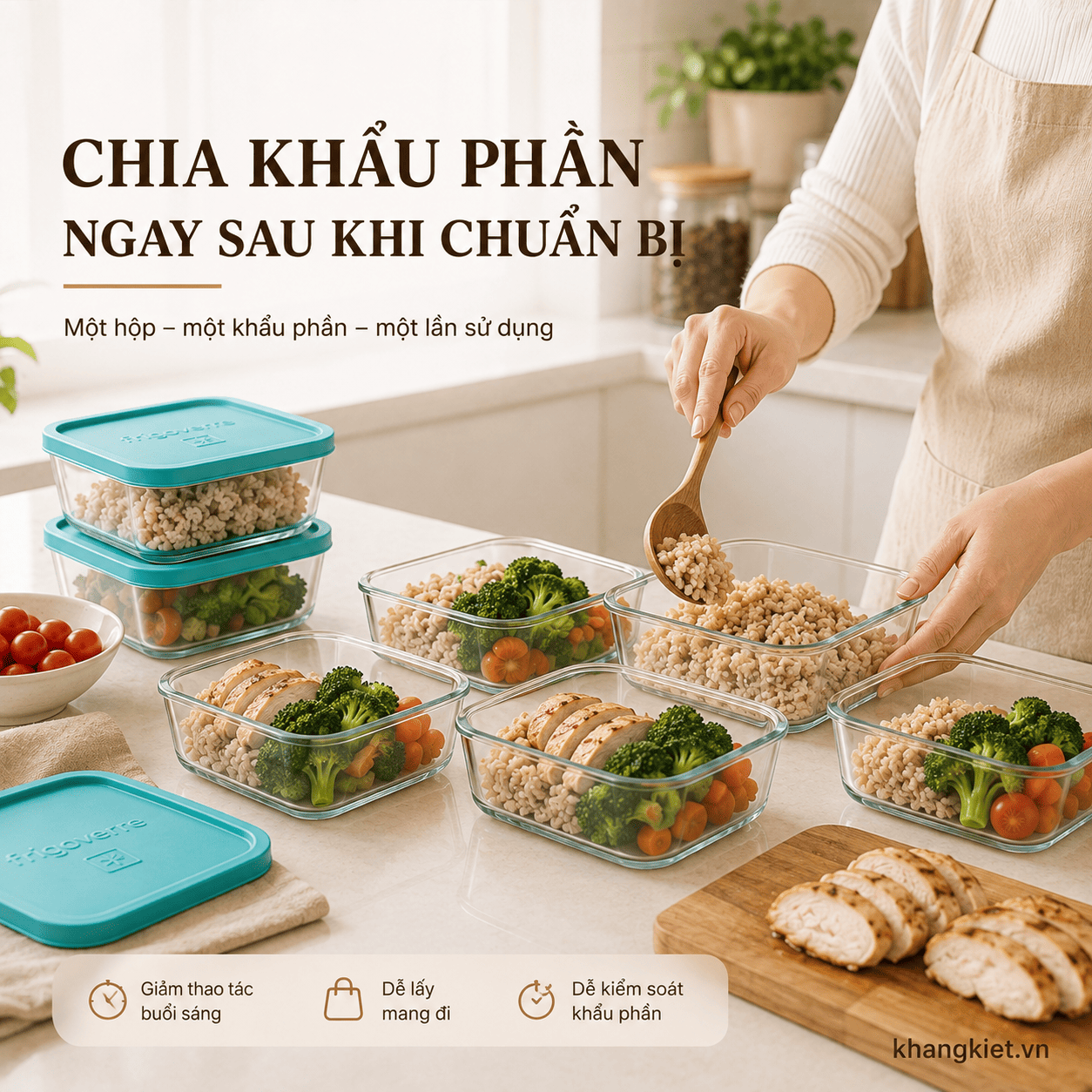 Chia khẩu phần meal prep ngay sau khi chuẩn bị bằng hộp thủy tinh Frigoverre, giúp dễ mang đi và kiểm soát khẩu phần