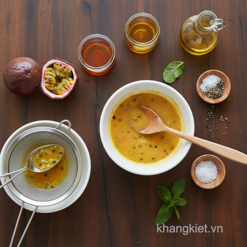 Nước sốt chanh dây tự nhiên, vị chua ngọt nhẹ, dùng cho món salad ức gà healthy