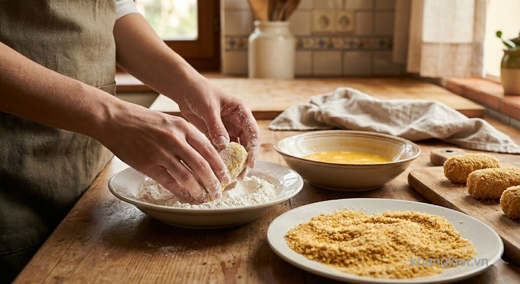 Tạo hình và áo bột croquette giăm bông bằng bột mì, trứng và bột chiên xù trong căn bếp phong cách châu Âu