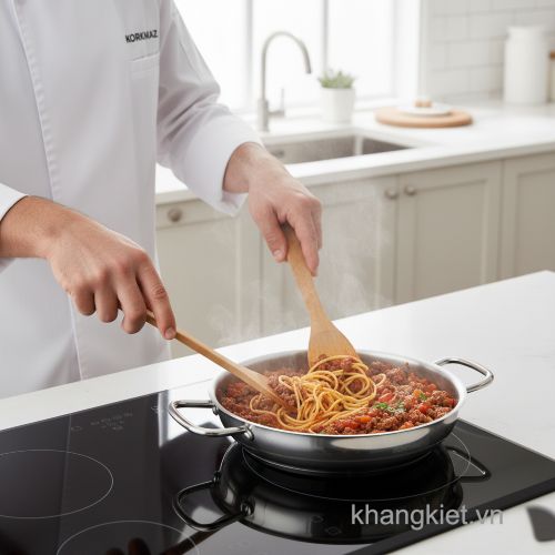 Món Mì Ý đã luộc được trộn đều với sốt bò bằm đậm đà ngay trong chảo 2 quai inox Korkmaz để thấm vị trước khi dọn ra đĩa