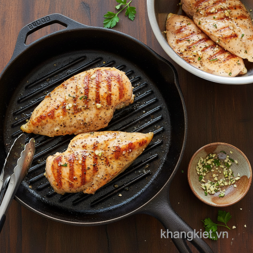 Ức gà áp chảo vàng giòn – nguyên liệu chính cho món salad healthy sốt chanh dây