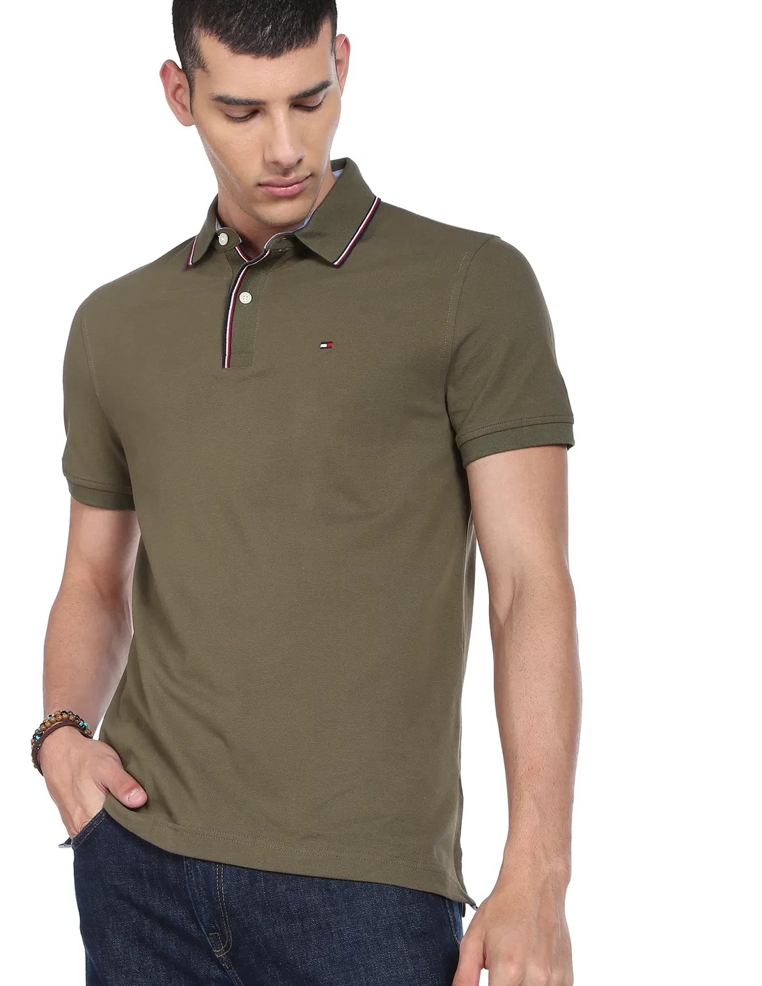 Tommy Hilfiger Tipped Collar Pique Knit Polo - Army Green