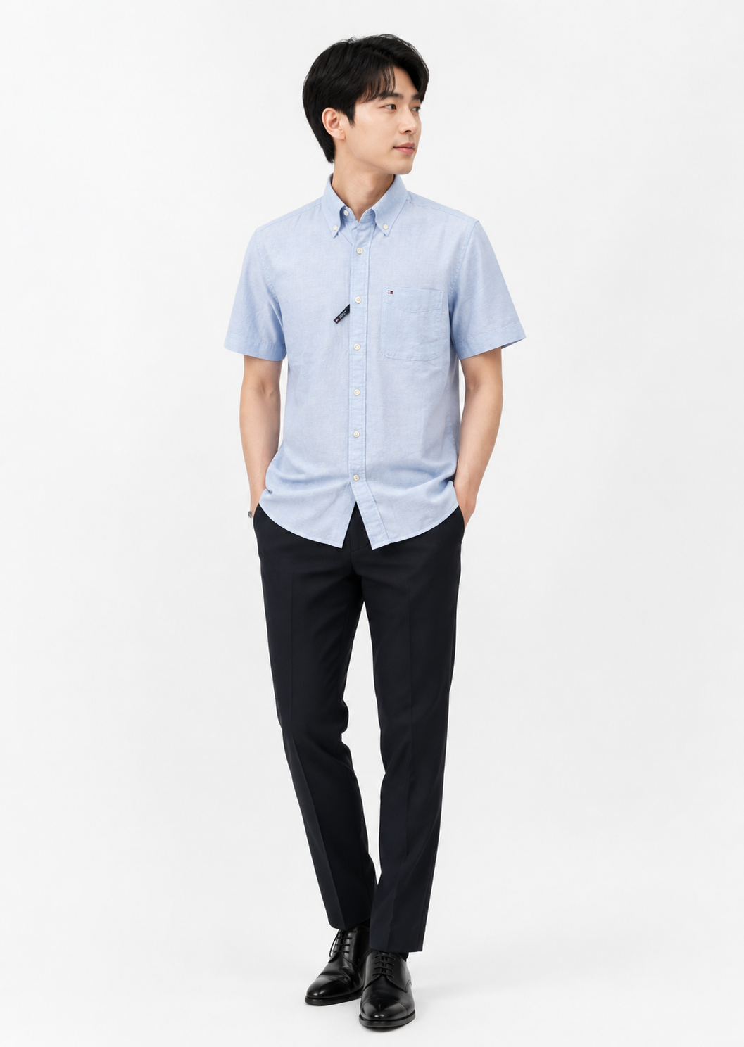 Sơ mi cộc tay Tommy xanh xước trơn