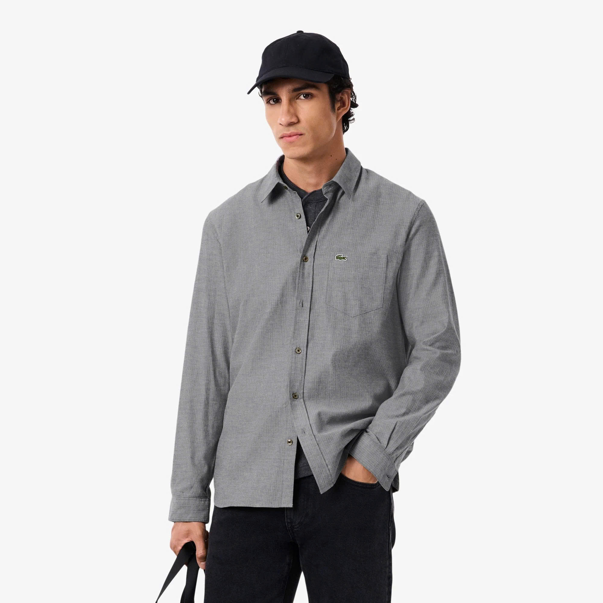 Áo sơ mi lacoste navy- blue - white xám