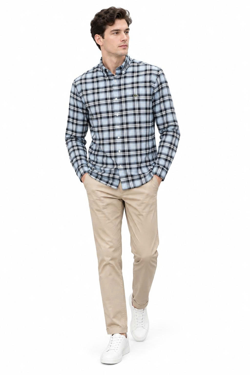 Áo sơ mi lacoste xanh navy kẻ sọc xanh trắng