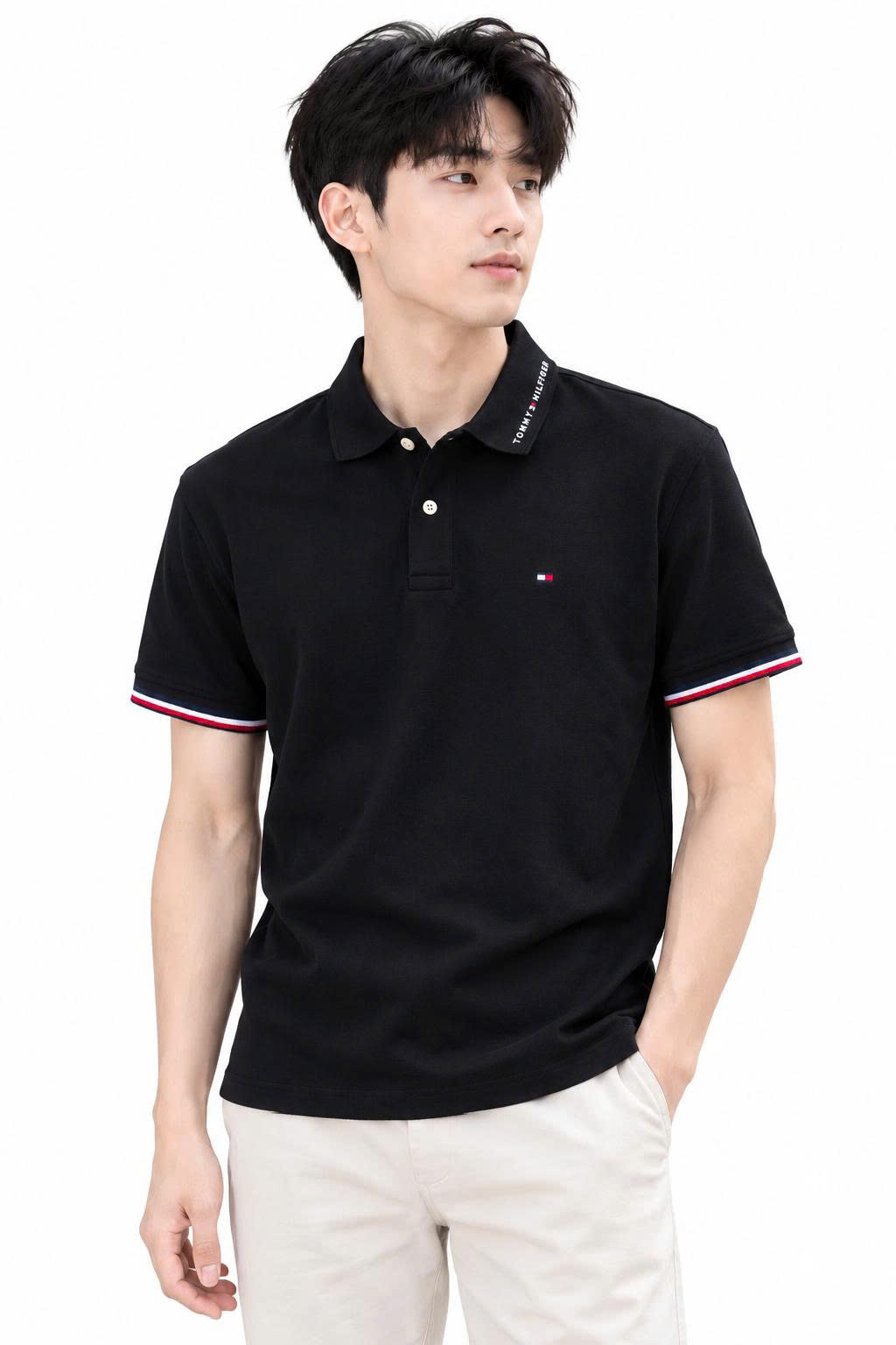 Polo tommy đen cổ chữ