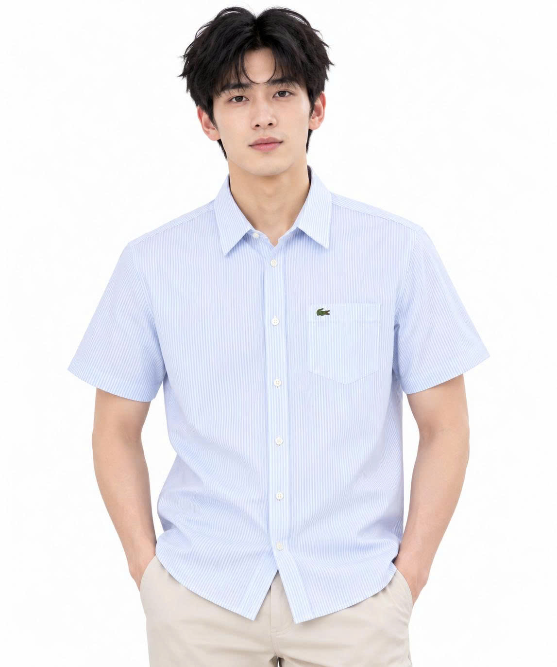 Sơ mi lacoste cộc tay blue white