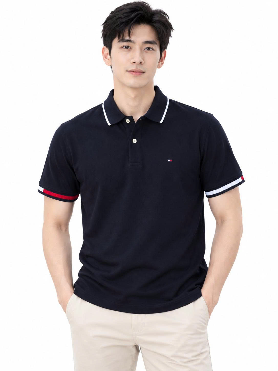 Polo tommy navy viền tay kẻ to