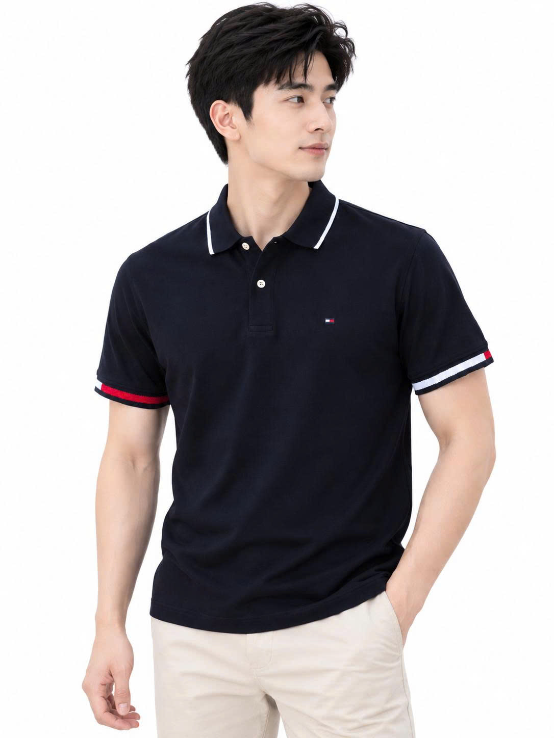 Polo tommy navy viền tay kẻ to