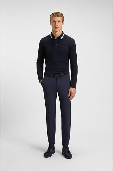Polo Boss đen viền cổ xanh ngọc dài tay