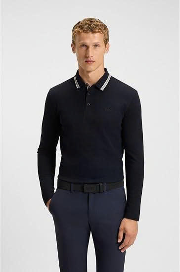 Polo Boss đen viền cổ xanh ngọc dài tay