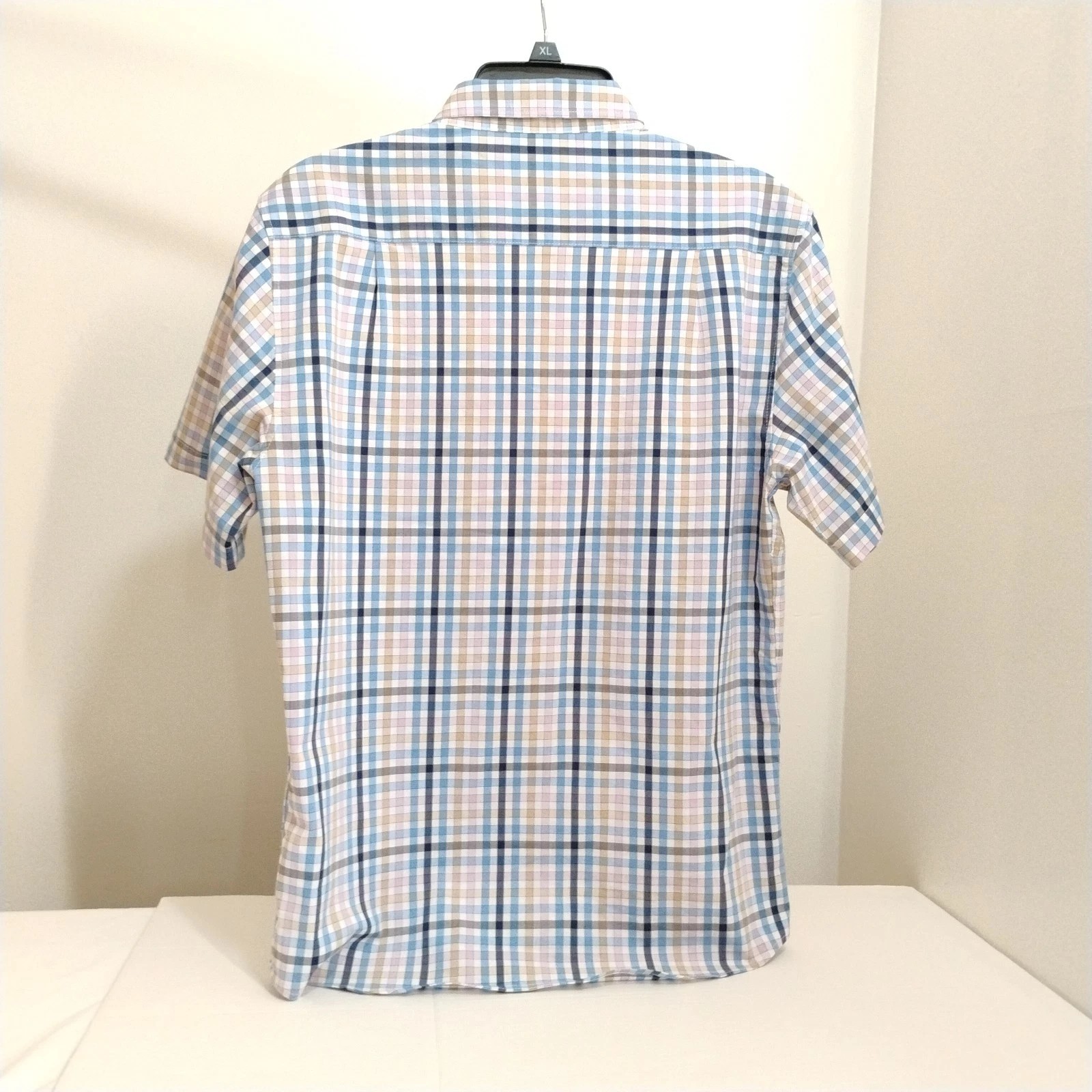 Sơ mi cộc tay Social Coast Men's Stretch Plaid Button Down - Cream / Navy-Blue-Pastel Pink