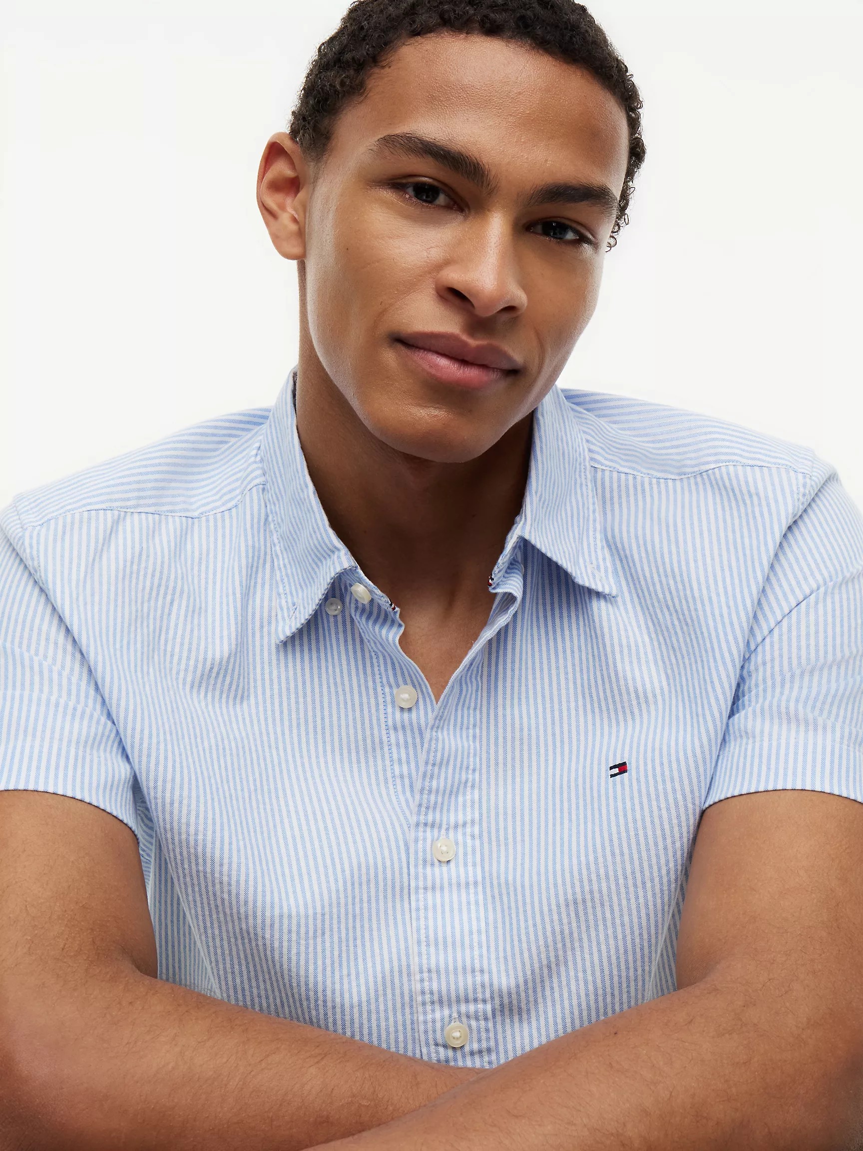Tommy Hilfiger Regular Fit S/S Stripe Linen-Blend Shirt - Blue/White Stripe