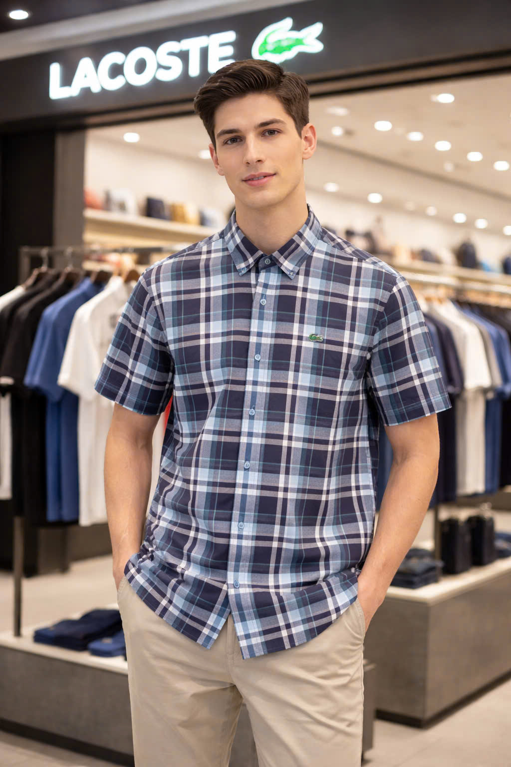 Áo Sơ Mi Nam Lacoste Regular Fit Navy Short-Sleeved Checked Shirt