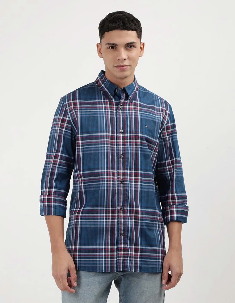 Sơ mi dài tay tommy hồng trắng kẻ nhỏ