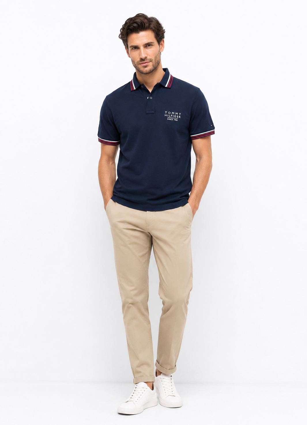 Polo Tommy Regular cổ trắng đỏ