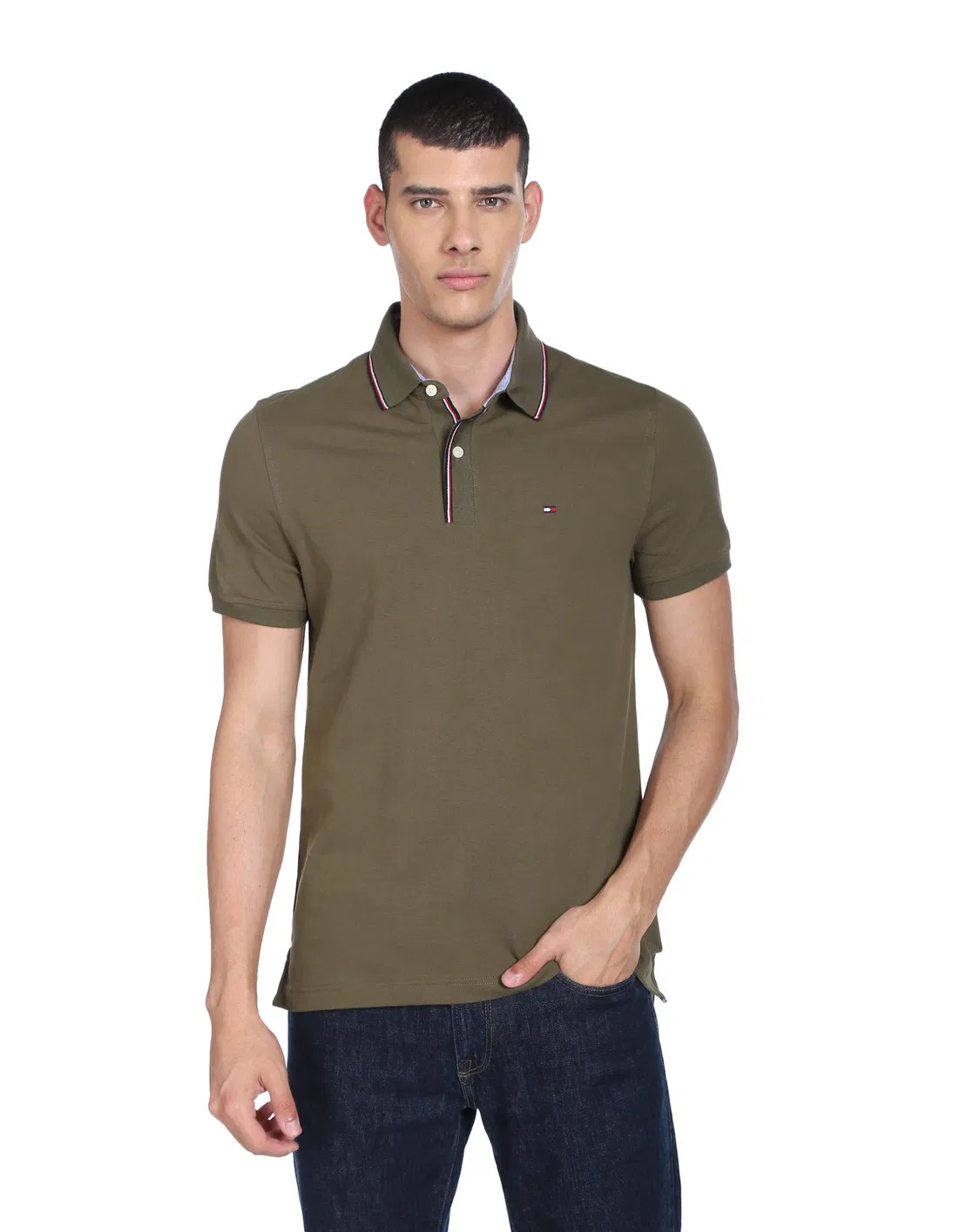 Tommy Hilfiger Tipped Collar Pique Knit Polo - Army Green