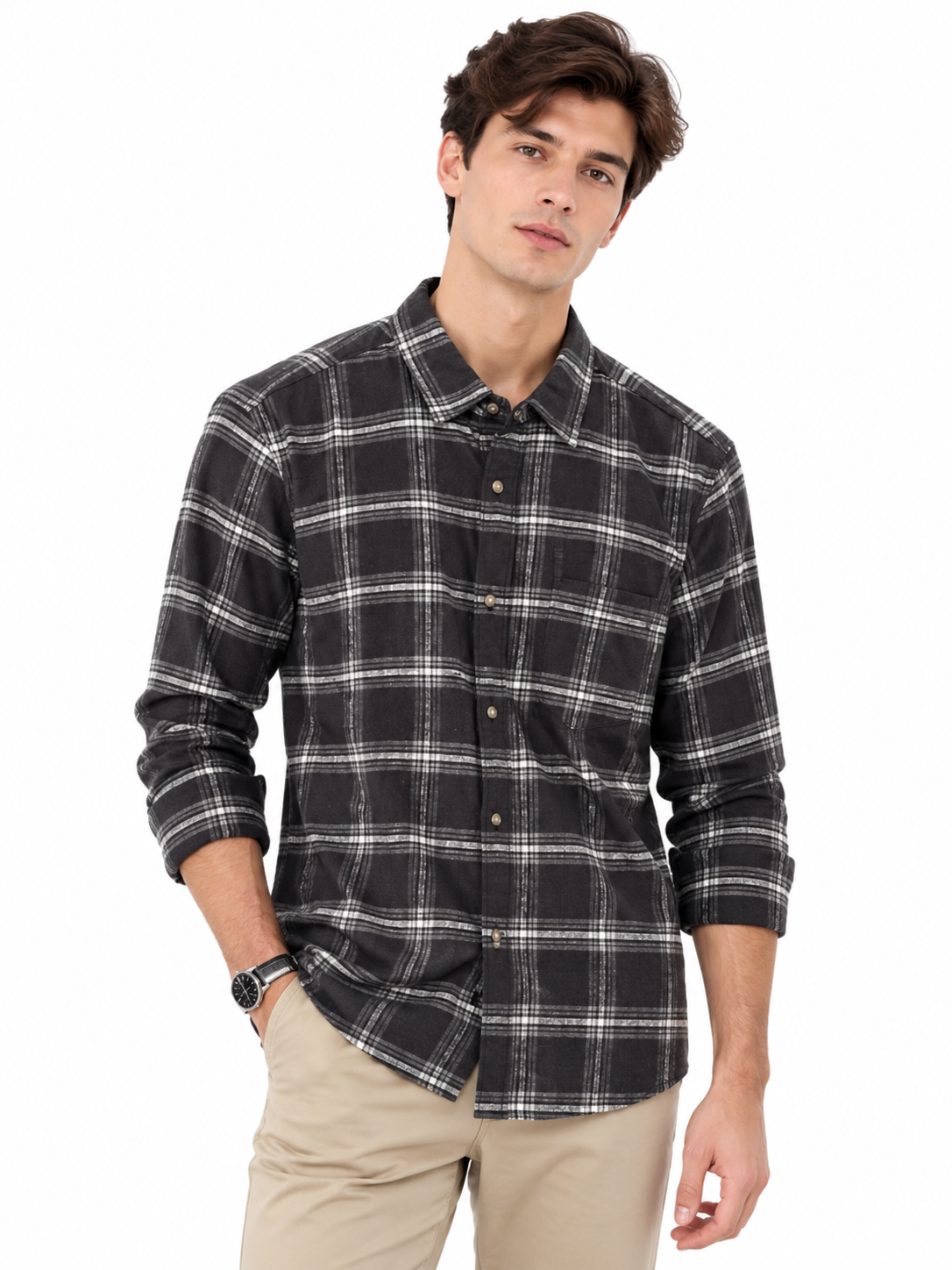 Sơ mi dài tay geogre gel slub shirt đen kẻ