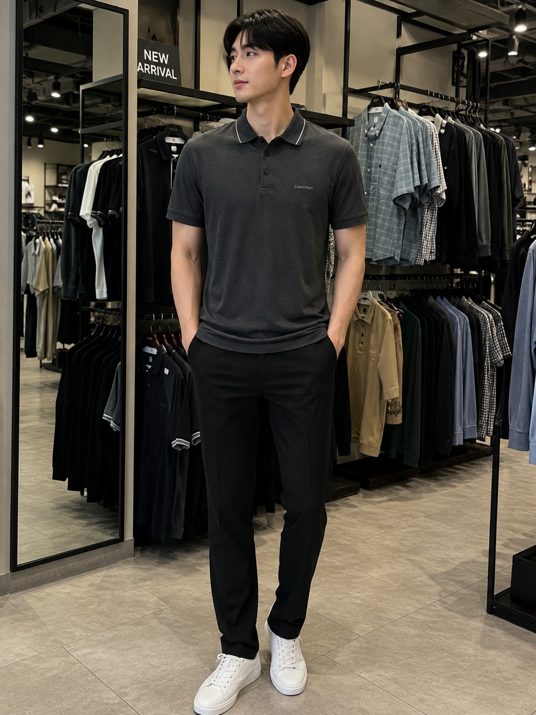 Polo Calvin Klein đen xám khuy bấm