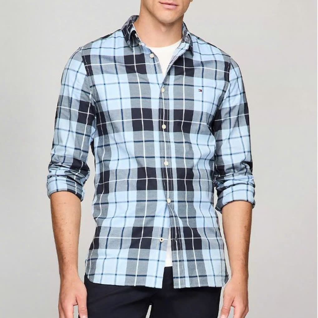 Sơ mi tommy dài tay caro xanh nhạt ghi
