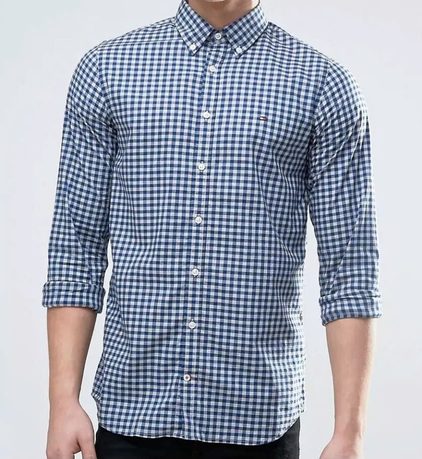 Sơ mi dài tay Tommy caro xanh đen kẻ nhỏ