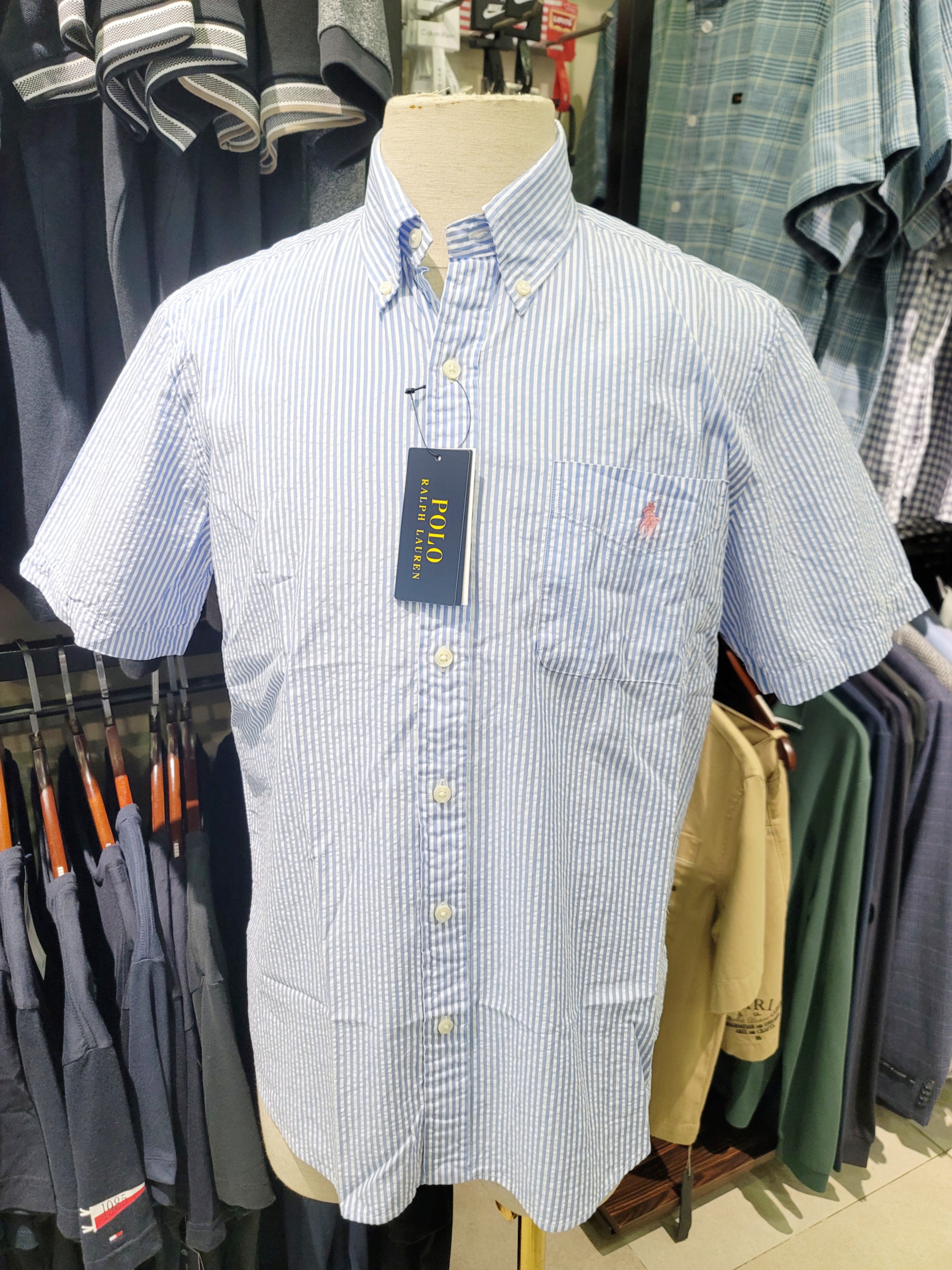 Sơ mi cộc tay Polo Raplauren Xanh nhạt kẻ - RL Untucked Fit