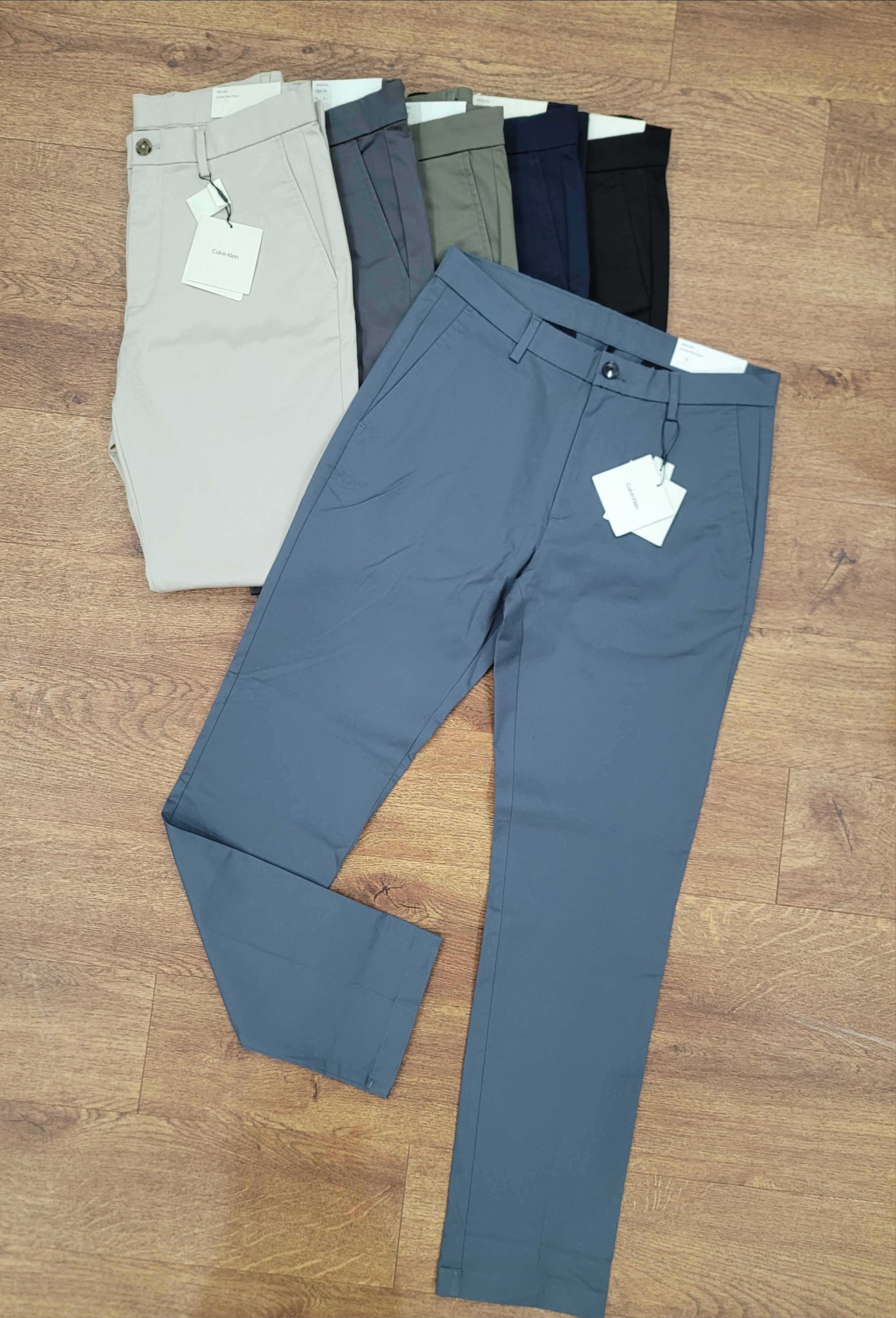 Khaki CK Cotton Stretch Slim Trousers - Blue