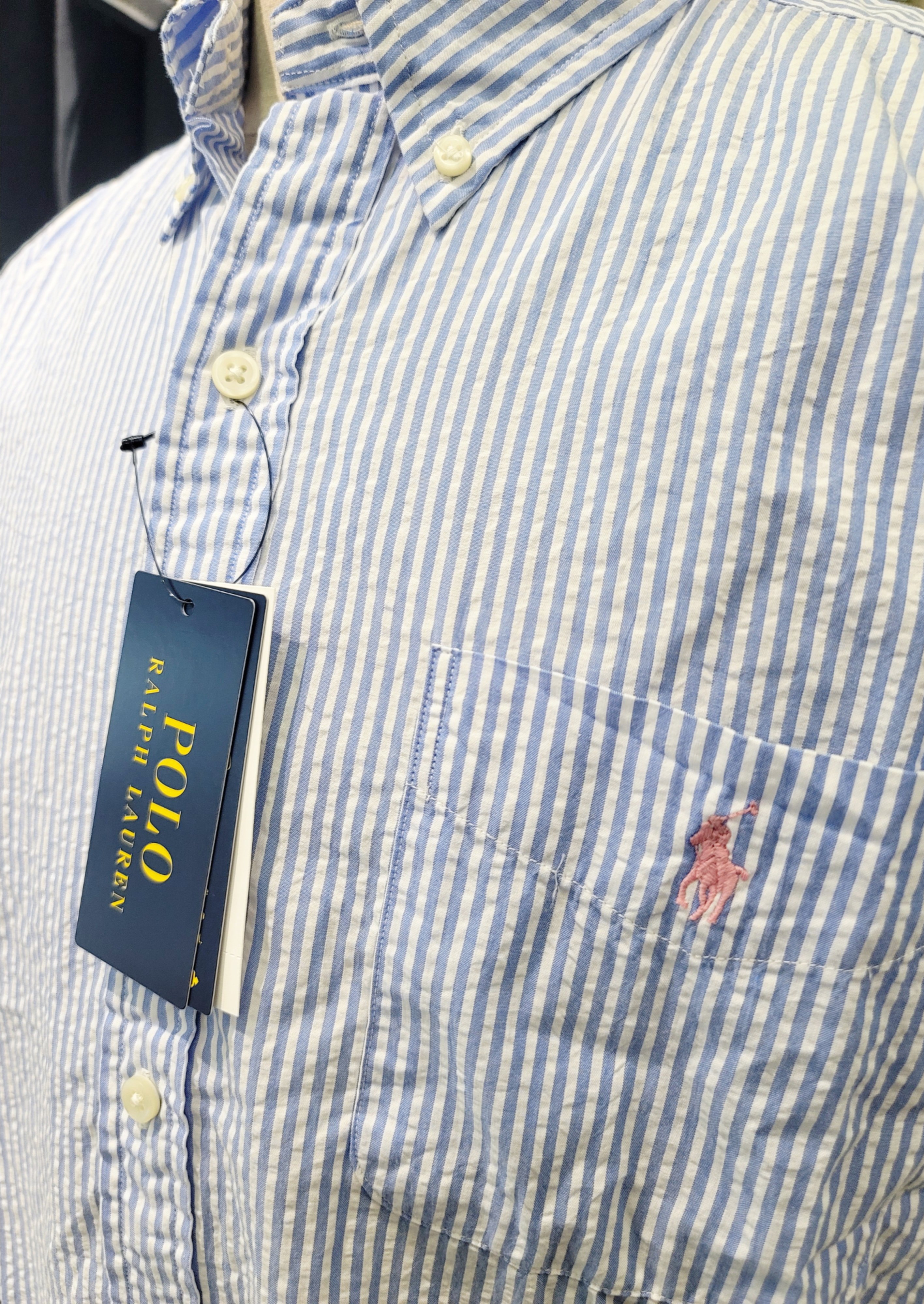 Sơ mi cộc tay Polo Raplauren Xanh nhạt kẻ - RL Untucked Fit