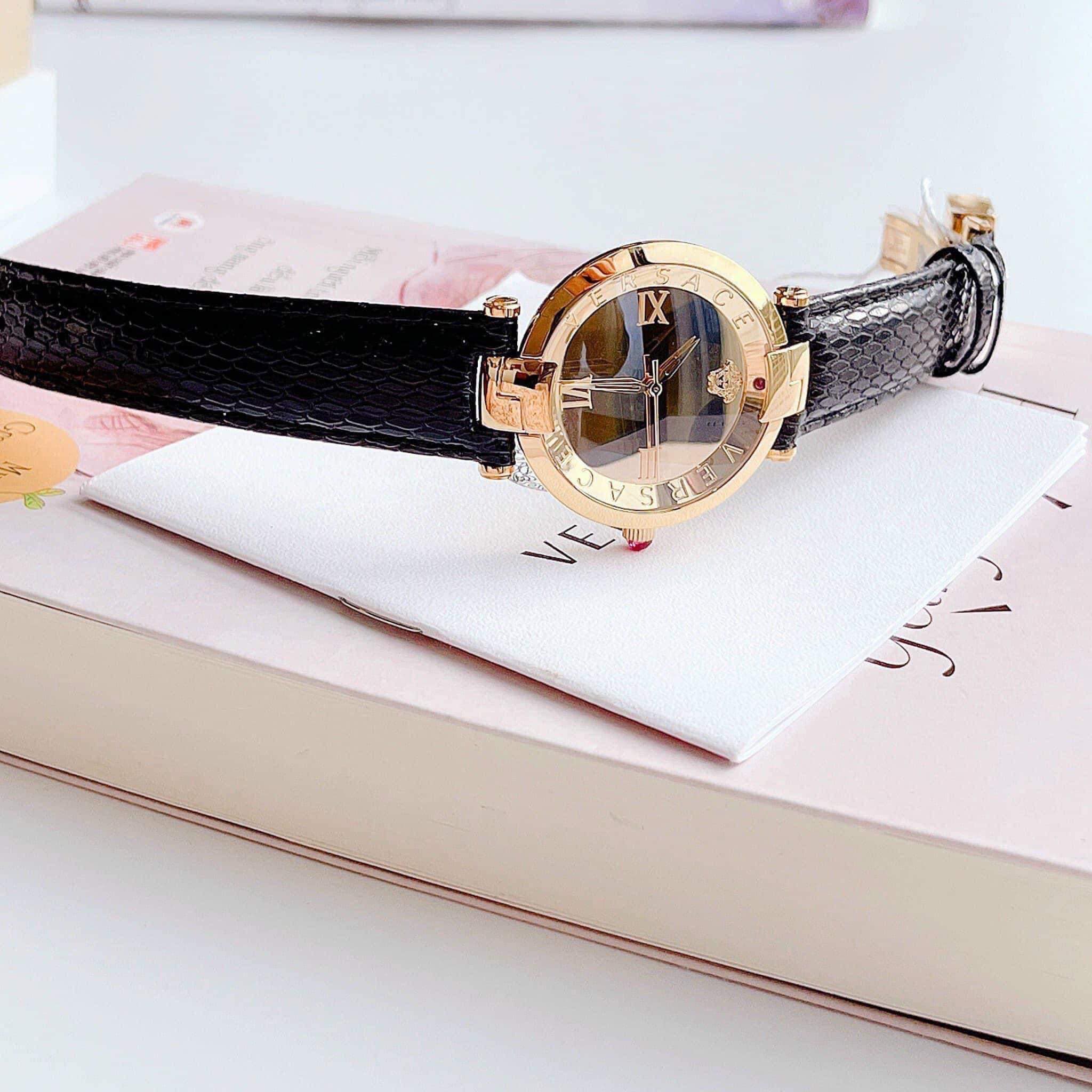 Đồng hồ nữ Versace Revive Gold Dial Black Leather Ladies Watch VEAI00219
