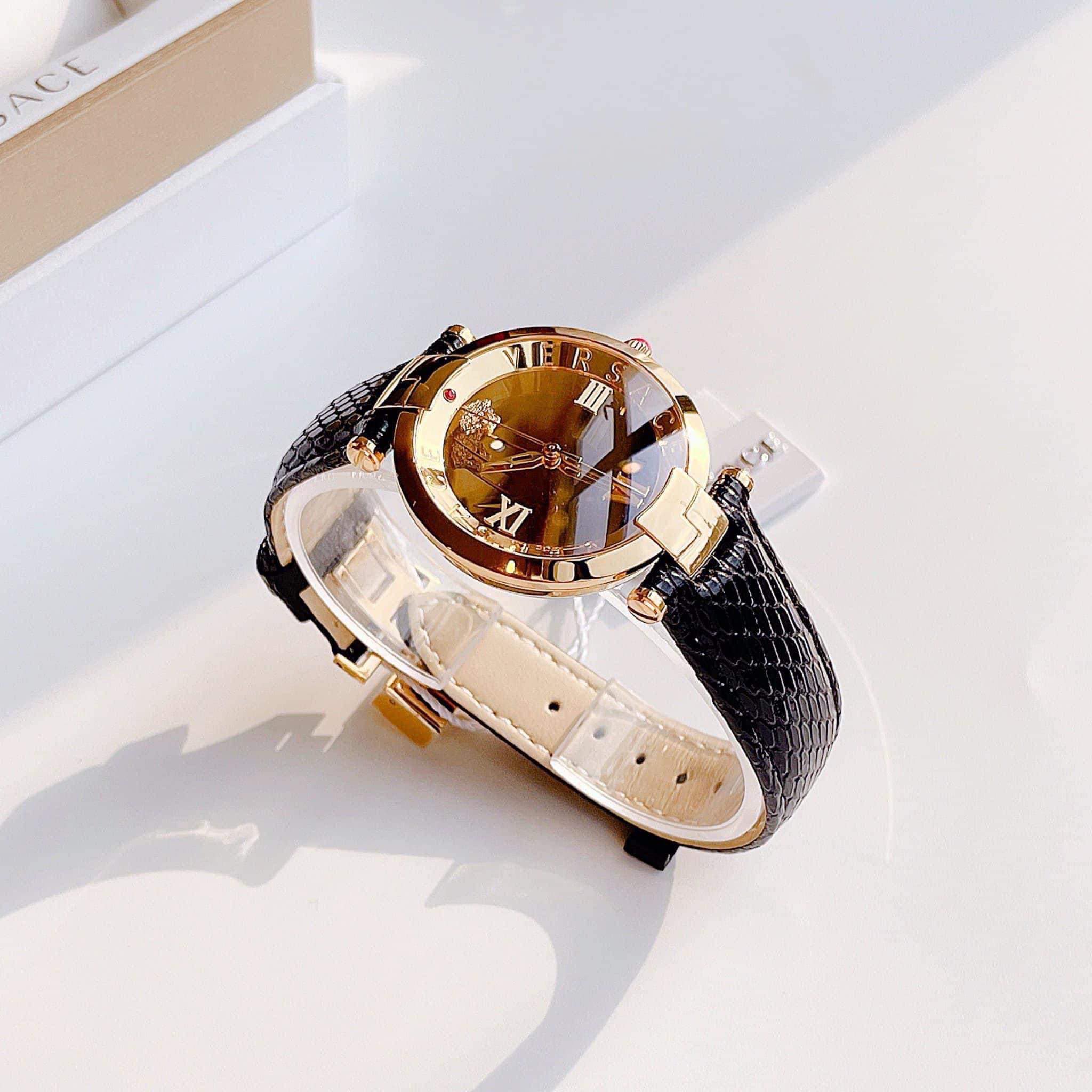 Đồng hồ nữ Versace Revive Gold Dial Black Leather Ladies Watch VEAI00219