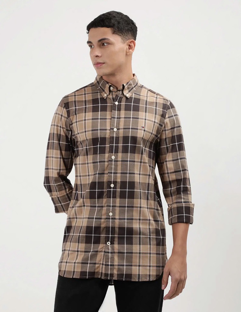 Sơ mi dài tay Tommy caro vuông vàng nâu đất